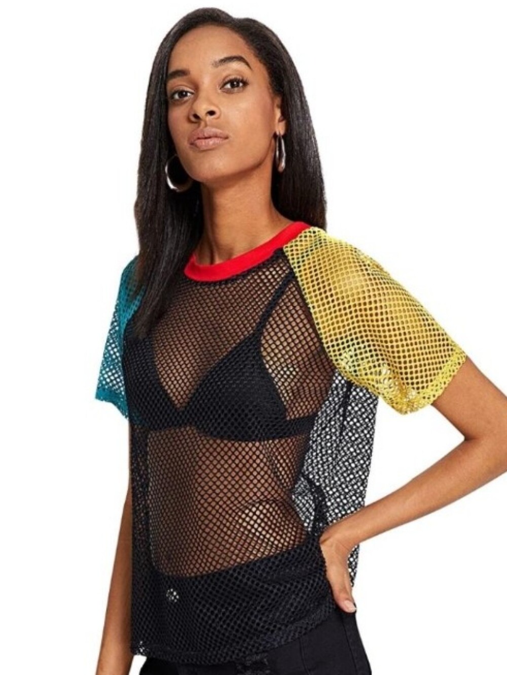 Black Fishnet Colorblock Tee with Red Trim